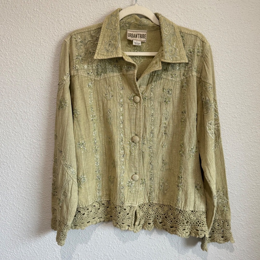 Urban Tribe Embroidered Linen‎ Blend Jacket Women's L Button Front Crochet Boho
